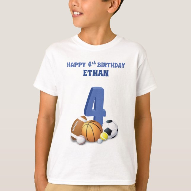 Custom Name Boy 4th Birthday Sports Balls T-Shirt (Front)