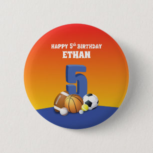 Custom Name Boy 5th Birthday Sports Balls 6 Cm Round Badge