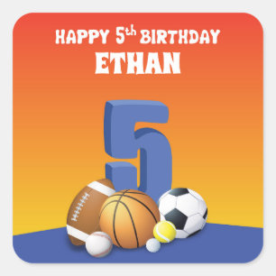 Custom Name Boy 5th Birthday Sports Balls Square Sticker
