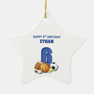 Custom Name Boy 6th Birthday Sports Balls Ceramic Tree Decoration