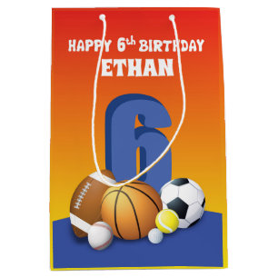 Custom Name Boy 6th Birthday Sports Balls Medium Gift Bag