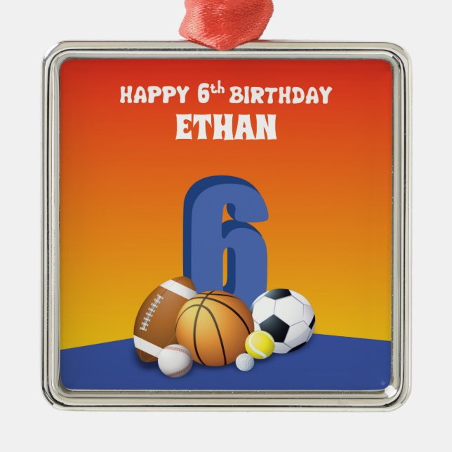 Custom Name Boy 6th Birthday Sports Balls Metal Tree Decoration (Front)