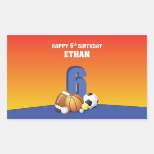 Custom Name Boy 6th Birthday Sports Balls Rectangular Sticker