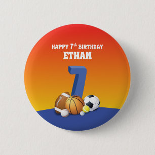 Custom Name Boy 7th Birthday Sports Balls 6 Cm Round Badge