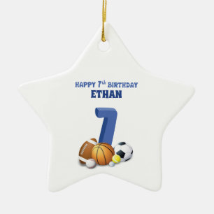 Custom Name Boy 7th Birthday Sports Balls Ceramic Tree Decoration