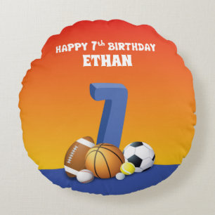 Custom Name Boy 7th Birthday Sports Balls Round Cushion
