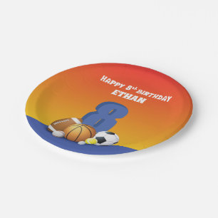 Custom Name Boy 8th Birthday Sports Balls Paper Plate