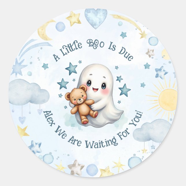 Custom Name Boy Baby Shower Cute Ghost Boo is Due Classic Round Sticker (Front)