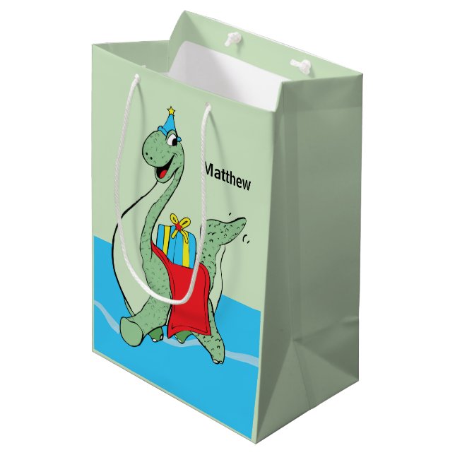 Custom Name, Boy, Birthday Dinosaur Medium Gift Bag (Front Angled)
