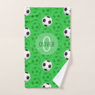 Custom Name Boys Soccer Ball Green Hand Towel