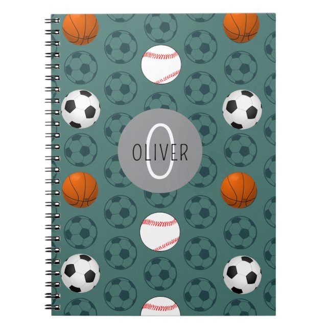 Custom Name Boys Sports Soccer Pattern Kids School Notebook (Front)