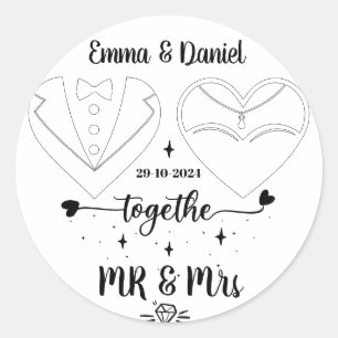 custom name bride and groom modern brush script  classic round sticker