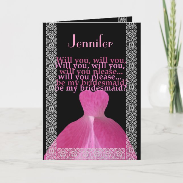 CUSTOM NAME - Bridesmaid Card PINK Gown (Front)