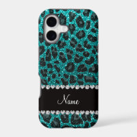 Custom name bright aqua glitter leopard print