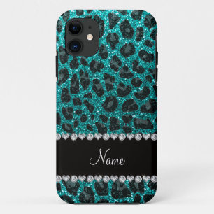 Custom name bright aqua glitter leopard print Case-Mate iPhone case
