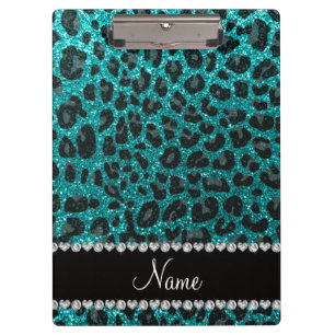 Custom name bright aqua glitter leopard print clipboard