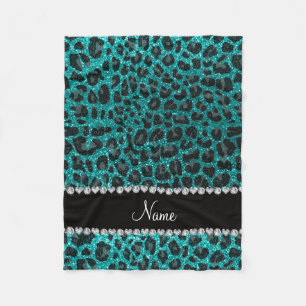 Custom name bright aqua glitter leopard print fleece blanket