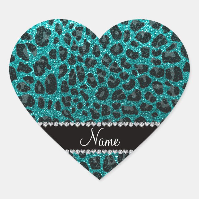 Custom name bright aqua glitter leopard print heart sticker (Front)