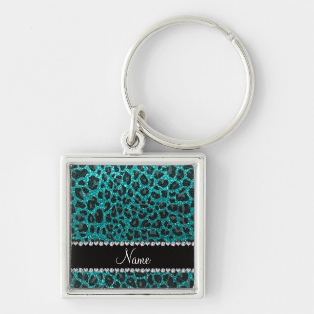 Custom name bright aqua glitter leopard print key ring (Front)