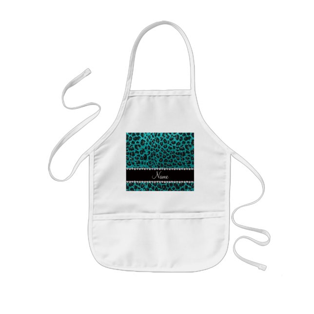 Custom name bright aqua glitter leopard print kids apron (Front)