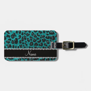 Custom name bright aqua glitter leopard print luggage tag