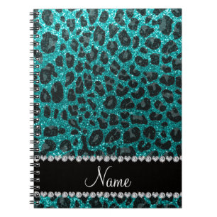 Custom name bright aqua glitter leopard print notebook