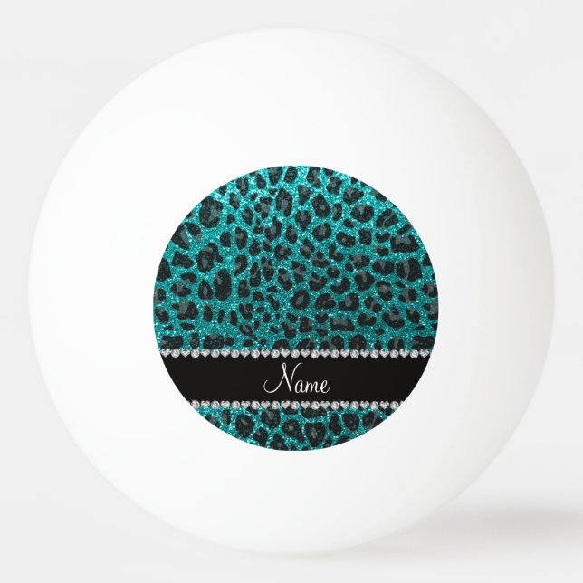 Custom name bright aqua glitter leopard print ping pong ball (Front)