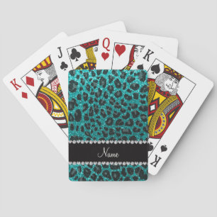 Custom name bright aqua glitter leopard print playing cards