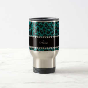 Custom name bright aqua glitter leopard print travel mug