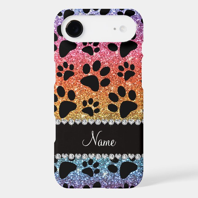 Custom name bright rainbow glitter black dog paws Case-Mate iPhone case (Back)