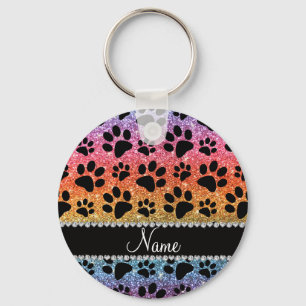 Custom name bright rainbow glitter black dog paws key ring