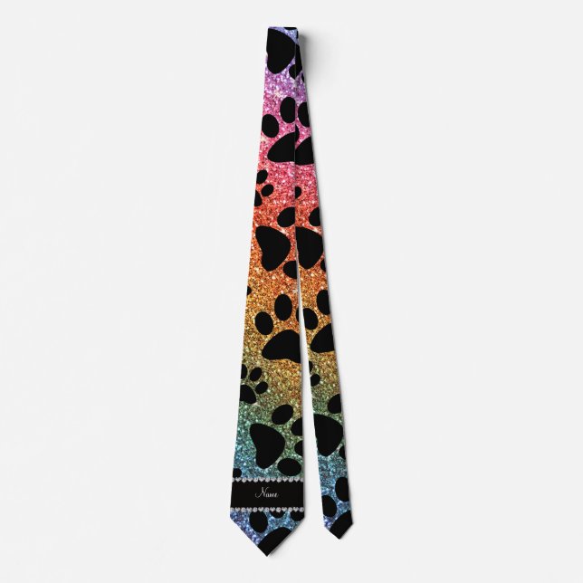 Custom name bright rainbow glitter black dog paws tie (Front)