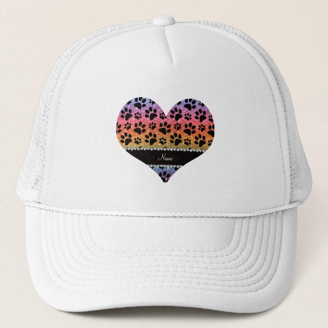 Custom name bright rainbow glitter black dog paws trucker hat (Front)