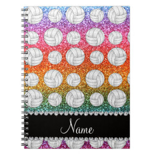 Custom name bright rainbow glitter volleyball spiral notebook