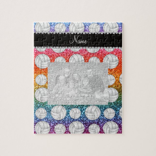 Custom name bright rainbow glitter volleyballs jigsaw puzzle (Vertical)