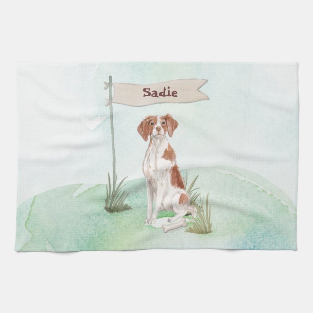 Custom Name Brittany Pet Dog Tea Towel (Horizontal)