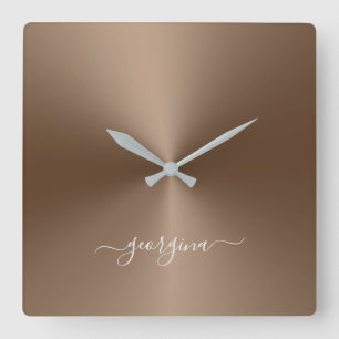 Custom Name Bronze Metallic Style Acrylic Square Wall Clock