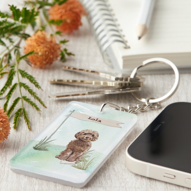 Custom Name Brown Cockapoo Pet Dog Key Ring (Front Right)