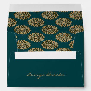 Custom name brown floral on pine green envelope