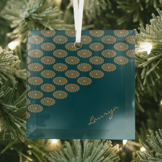 Custom name brown floral on pine green glass tree decoration (Insitu)