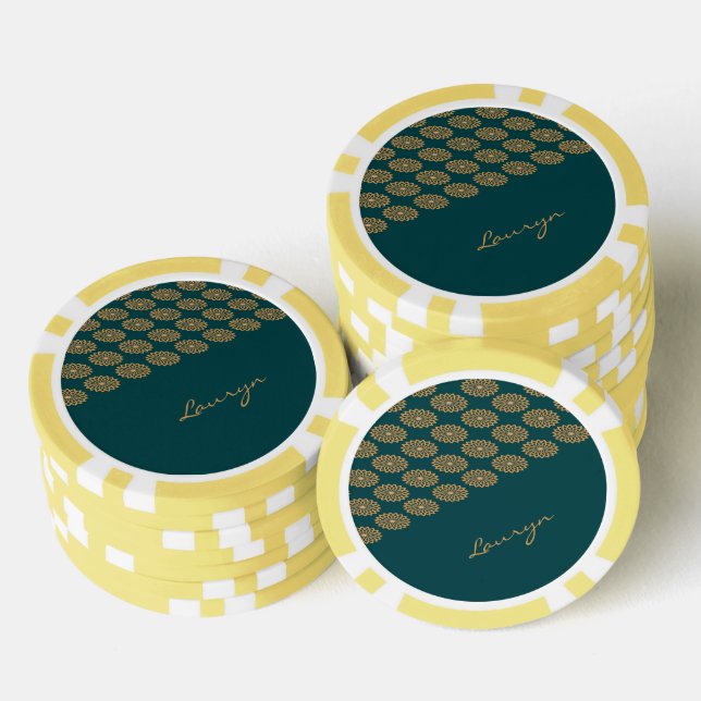 Custom name brown floral on pine green poker chips (Stack)