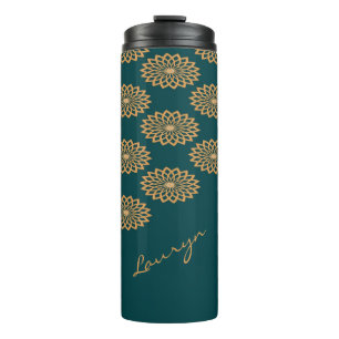 Custom name brown floral print on green thermal tumbler
