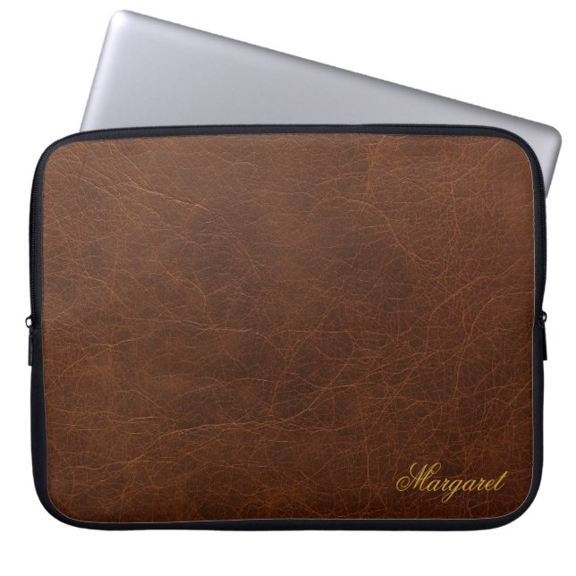 Custom Name Brown Leather Texture Laptop Sleeve (Front)