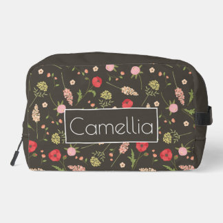 Custom Name Brown Red Pink Floral Pattern Dopp Kit