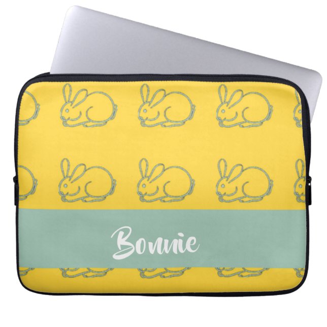 Custom name bunnies on yellow laptop sleeve (Front)