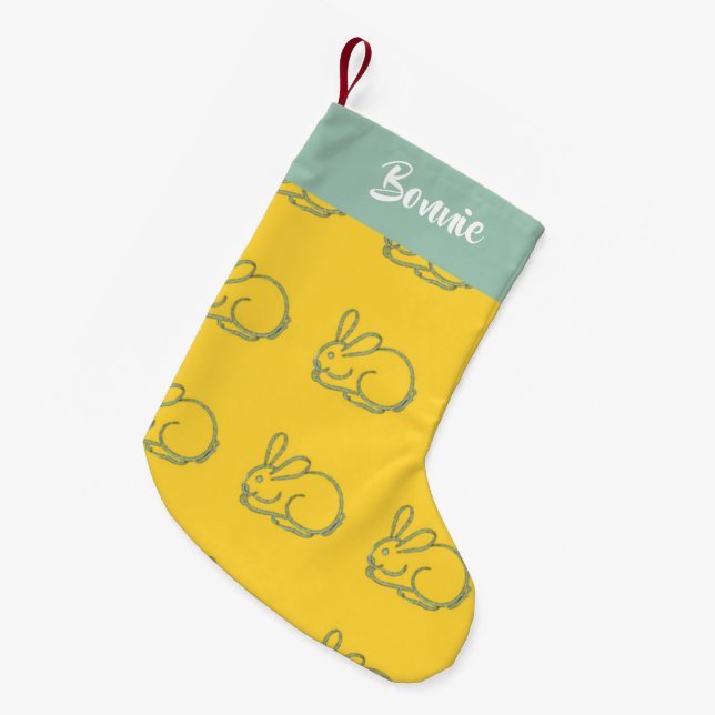 Custom name bunnies on yellow small christmas stocking (Front (Hanging))