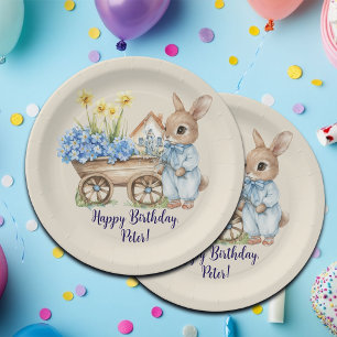 Custom Name Bunny with Blue Flowers Birthday Party Paper Plate