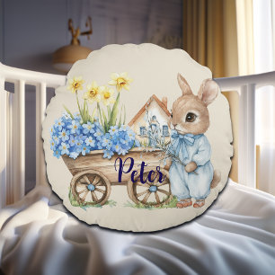 Custom Name Bunny with Blue Flowers Round Cushion