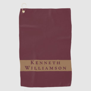 Custom Name Burgundy Brass Minimalist Men Modern  Golf Towel