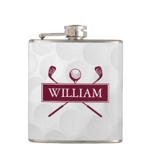 Custom Name Burgundy Clubs And Ball Hip Flask